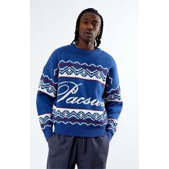 PacSun Fairisle Crew Sweater Large Chunky Nordic Ski Blue Heavyweight Large - Picture 14 of 14